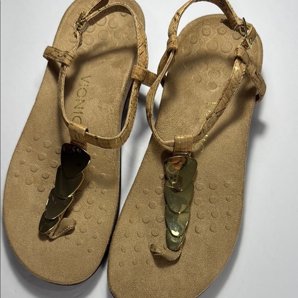 Vionic Shoes - Vionic Tan Gold T-Strap Sandals with Ankle Buckle